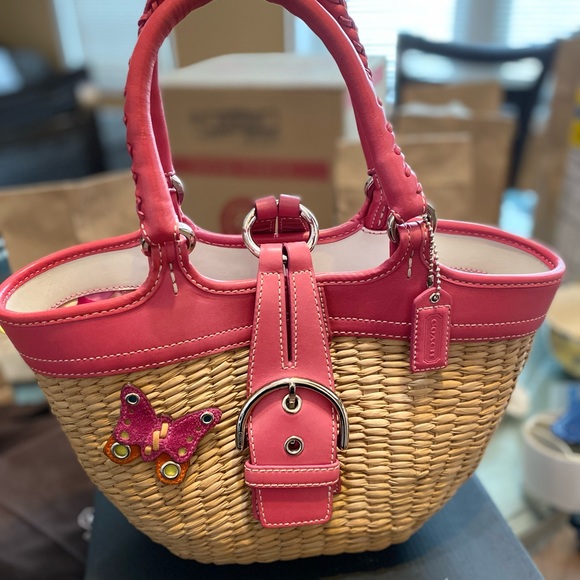 Coach Pink & Straw Georgous Bag + Wristlet - Picture 1 of 6